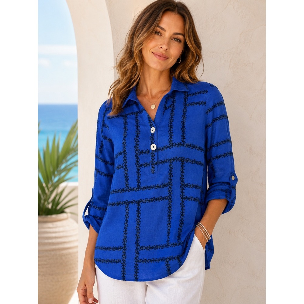 Ali Miles Blue Black Abstract Stitch blouse medium career resort coastal boho